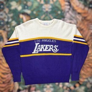 Vintage 80s Cliff Engle Los Angeles Lakers NBA Knit Sweater USA Made Purple L